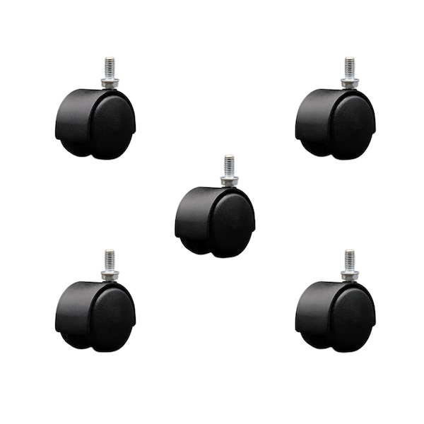 2'' Black Metal Hood Twin Wheel Caster Nylon Wheels 3/8 Thread Stem, 5PK
